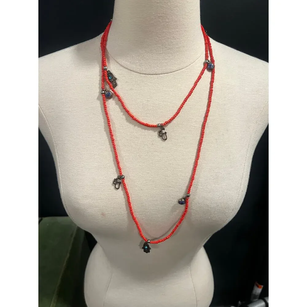 Long Red Seed Bead Hamsa Evil Eye Charm Necklace Boho Y2K